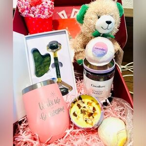 Care package: body cream, socks, candle, bath bombs,Jade roller, Sha, coffee mug